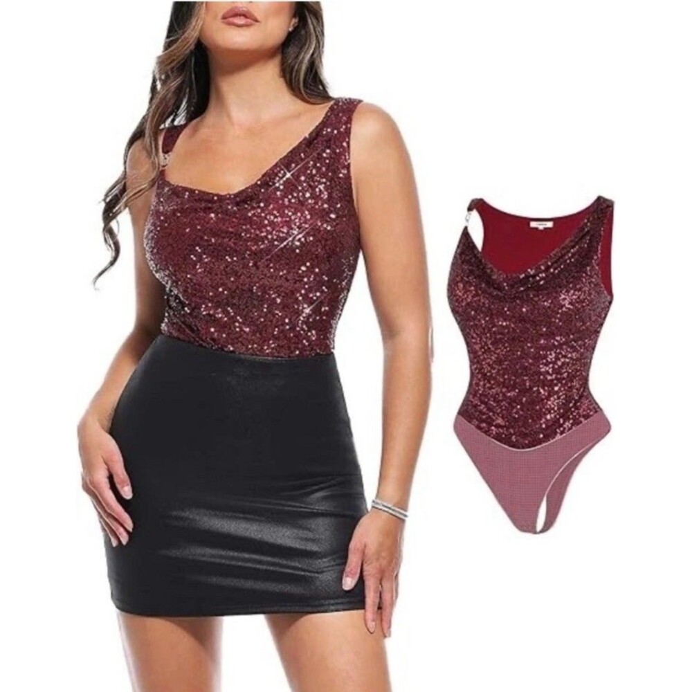 Popilush Shapewear Women L Red Sequin Cowl Neck Chain Tummy Control Sparkly Top